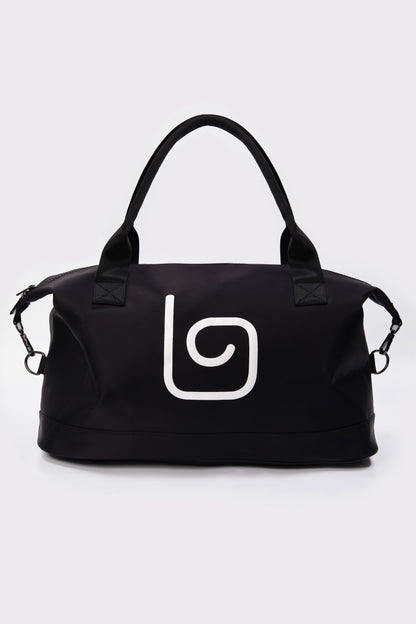 Black duffle bag with two compartments, perfect for travel or everyday use.
