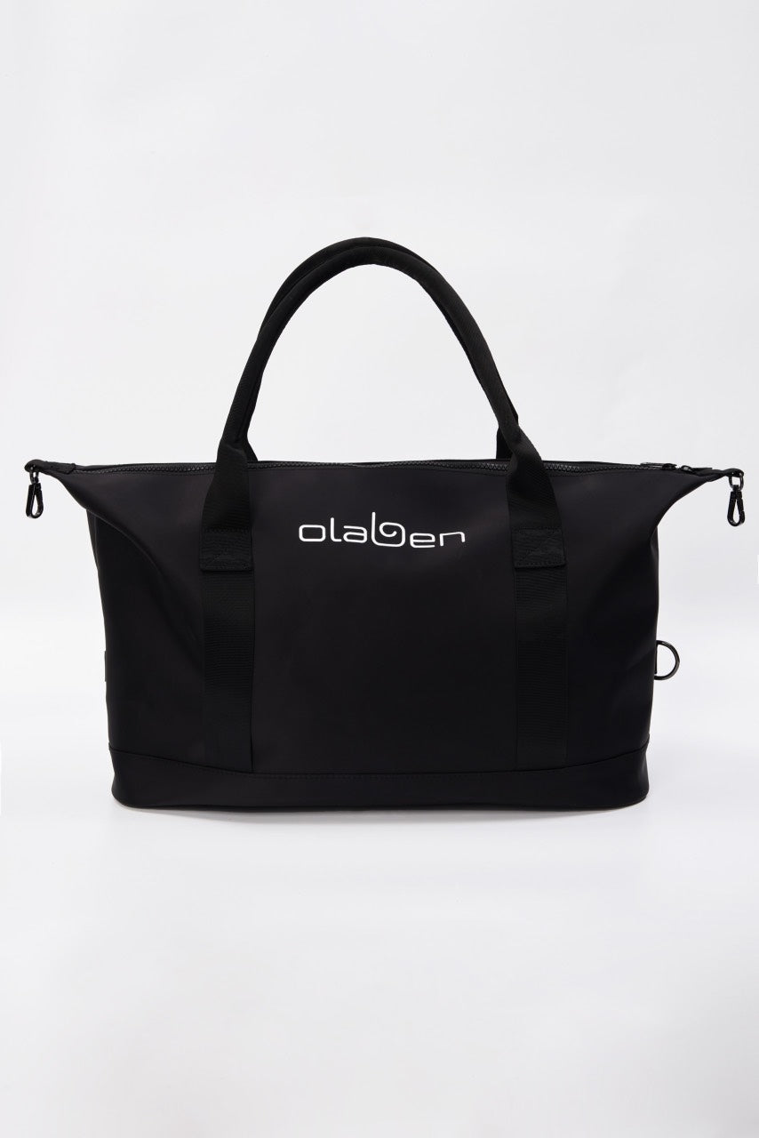 Black duffle bag with two compartments, perfect for travel or everyday use.