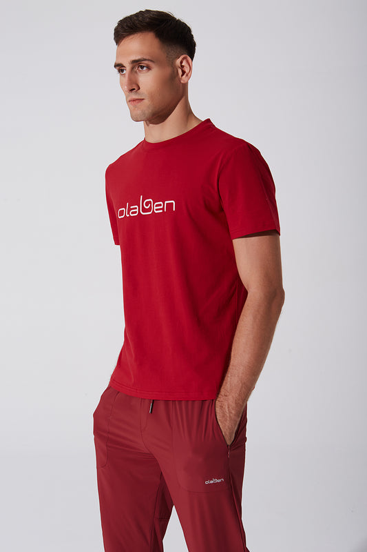 Unisex red short sleeve tee with OLABEN logo, perfect for casual and stylish outfits.