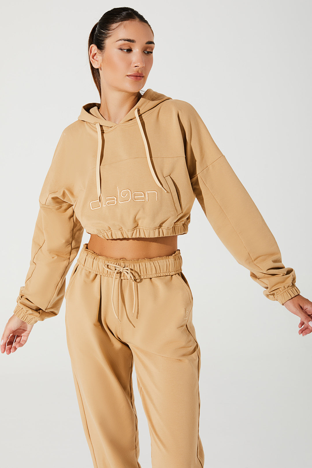 Stylish cappuccino beige women's hoodie with a cropped design - OW-0037-WHO-BG_1.jpg